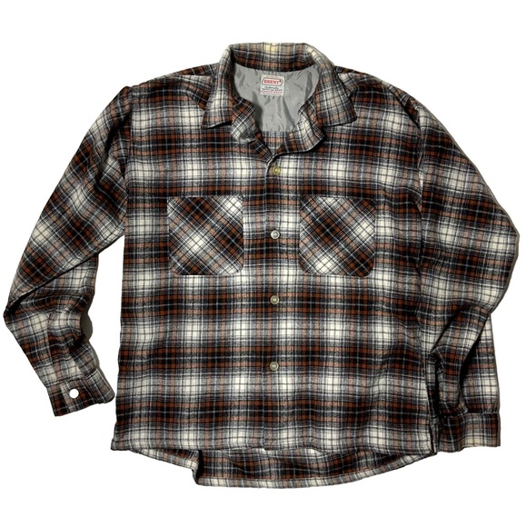 Vintage 1970s Brent Flannel Shirt Orange Black Tan Orlon Wool Men’s M Button - Picture 1 of 6